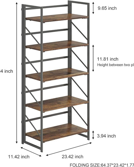 JSB No Assembly Folding Bookshelf, 5 Tier Industrial Metal Book Shelf for Storage, Vintage Wood foldable Bookcase for Living Room, Bedroom, Office Organization Shelves - LeafyLoom