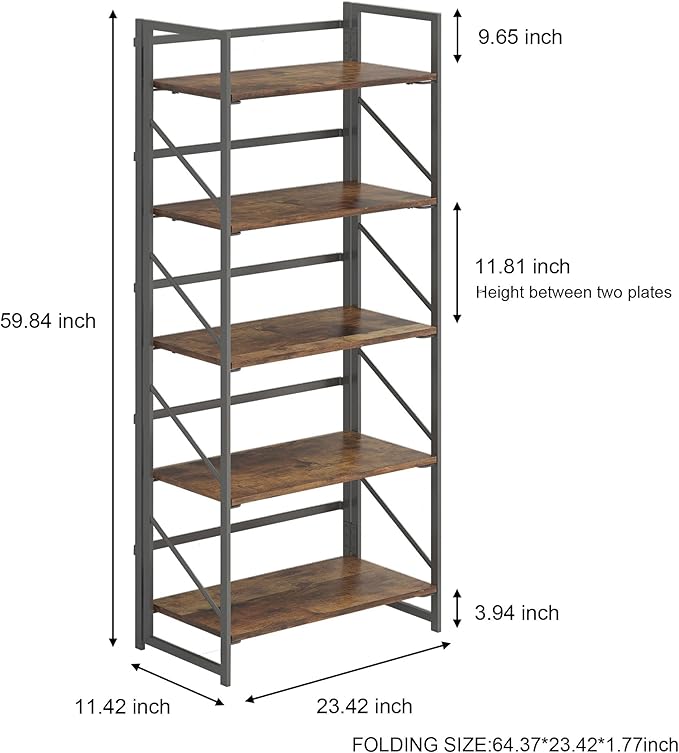 JSB No Assembly Folding Bookshelf, 5 Tier Industrial Metal Book Shelf for Storage, Vintage Wood foldable Bookcase for Living Room, Bedroom, Office Organization Shelves - LeafyLoom