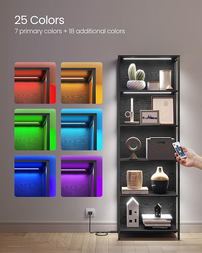 VASAGLE 6-Tier LED Bookshelf, Display Shelf with Dimmable Lights, LED Bookcase with Steel Frame, 11.9 x 23.6 x 70.3 Inches, for Living Room, Bedroom, Office, Black with Wood Grain ULLS120B56 - LeafyLoom