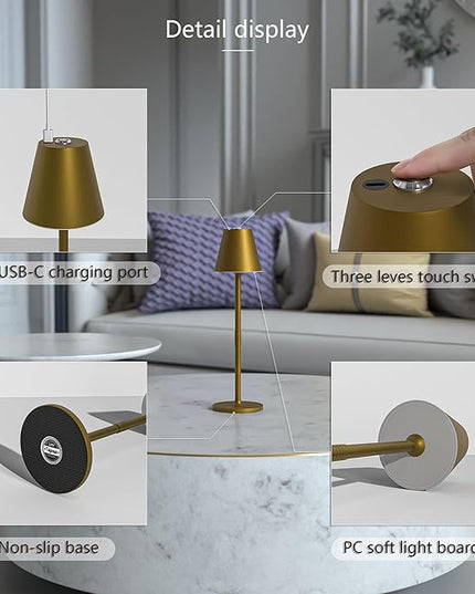 LED CordlessTable Lamp,4000mAh Rechargeable Battery Desk lamp,3 Level Brightness Portable Night Light, Minimalist Design, for Couple Dinner/Coffee Table/Restaurant/Bedroom(Bronze) - LeafyLoom