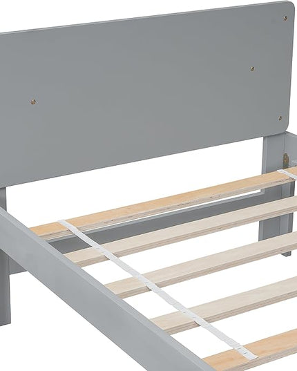 Twin Bed with Footboard Bench, Twin Kid Bed with Headboard, Wood Slat Support, Cute Kid Bed Frame with Book Storage Space, Twin Car Bed for Boys Girls Bedroom, No Box Spring Needed, Grey - LeafyLoom