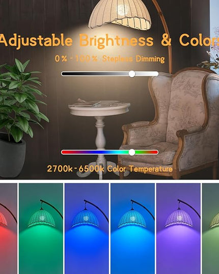 Retro Bamboo Floor Lamp - Unique Bohemian Hanging Arc Floor Lamp with Antique Rattan Style, RGB Colorful Dimmable Vertical Lamp for Dining Room Farmhouse Study Living Room - LeafyLoom