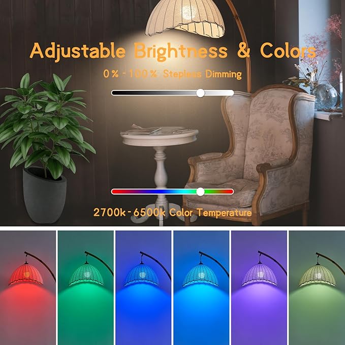 Retro Bamboo Floor Lamp - Unique Bohemian Hanging Arc Floor Lamp with Antique Rattan Style, RGB Colorful Dimmable Vertical Lamp for Dining Room Farmhouse Study Living Room - LeafyLoom