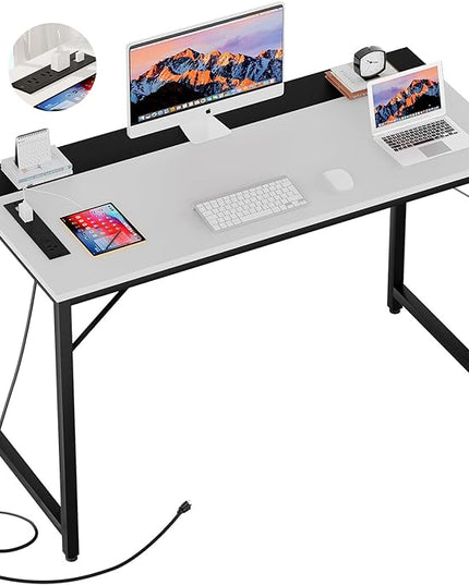 47 Inch Computer Desks with Power Outlets and USB Charging Ports, Modern Office Desk for Small Spaces, Sturdy Laptop PC Gaming Writing Table for Students, White and Black - LeafyLoom