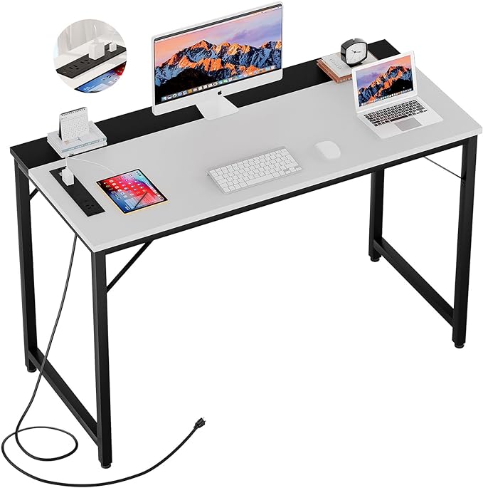 47 Inch Computer Desks with Power Outlets and USB Charging Ports, Modern Office Desk for Small Spaces, Sturdy Laptop PC Gaming Writing Table for Students, White and Black - LeafyLoom