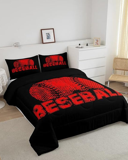 Erosebridal Kids Baseball Queen Size Bedding Set Red Black Sports Comforter Set for Boys Girls Teen,Reversible Black Quilt Comforter Soft Lightweight for All Season,1 Comforter and 2 Pillow Cases - LeafyLoom