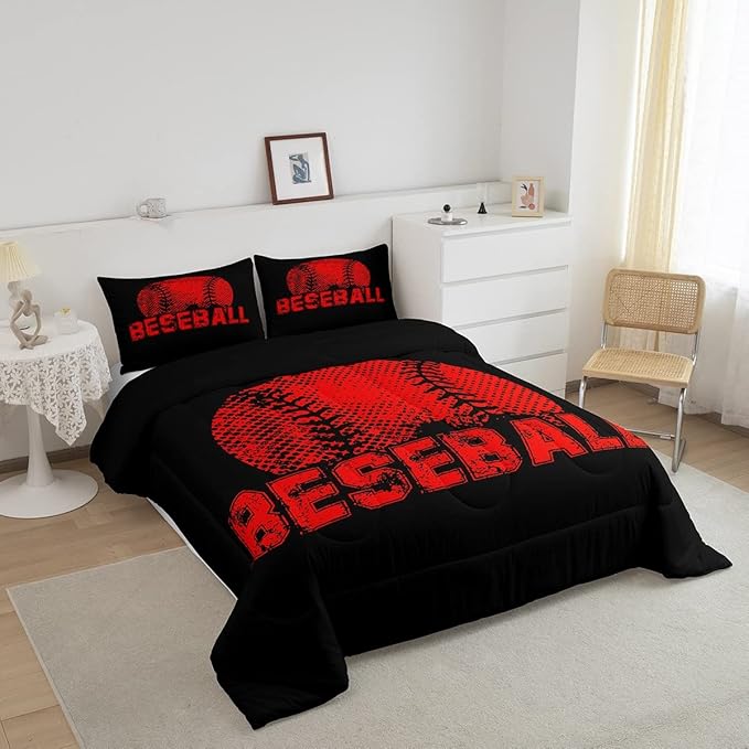 Erosebridal Kids Baseball King Size Bedding Set Red Black Sports Comforter Set for Boys Girls Teen,Reversible Black Quilt Comforter Soft Lightweight for All Season,1 Comforter and 2 Pillow Cases - LeafyLoom