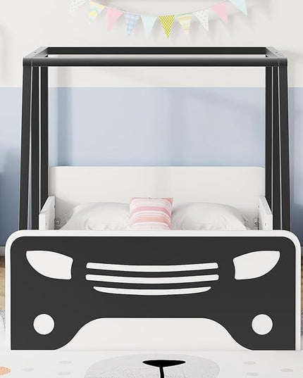 Toddler Twin Size Car Bed with Roof & Door,Wooden Car-Shaped Floor Bedframe W/Safety Guardrail,Racecar Design,Easy Assembly,Montessori Inspired Bedroom Furniture for Boys Kids Teens,Black - LeafyLoom