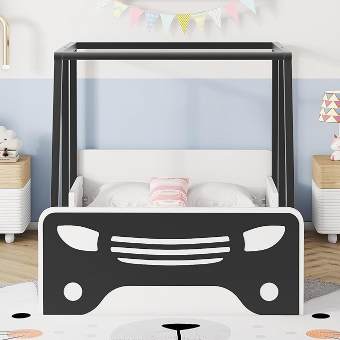 Toddler Twin Size Car Bed with Roof & Door,Wooden Car-Shaped Floor Bedframe W/Safety Guardrail,Racecar Design,Easy Assembly,Montessori Inspired Bedroom Furniture for Boys Kids Teens,Black - LeafyLoom