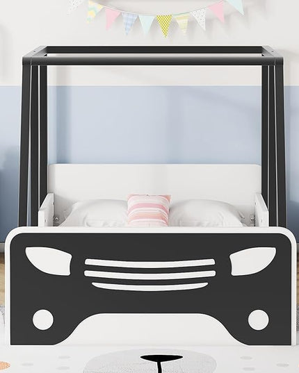 Twin Size Bed Car-Shaped,Twin Montessori Floor Bed Frame Car Bed with Wheels and Door,Solid Wood Twin Car-Shaped Platform Bed for Children, Boys, Girls, Toddler, Without Slats,Black - LeafyLoom