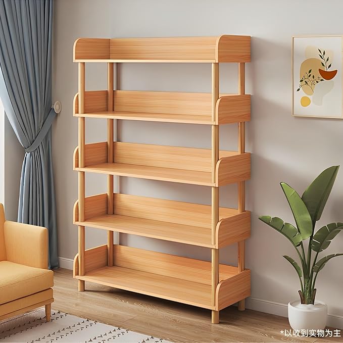 5-Tier Wooden Open Bookcase - Modern Display Bookshelf with Top Edge and Solid Wood Frame for Home and Office, Storage Cabinet, Oak - LeafyLoom