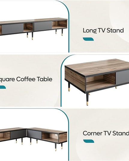 Bestier Mid Century Modern TV Stand for 85 inch tv, Entertainment Center with Storage and Sliding Doors, 2 in 1 Long TV Cabinet for Living Room, Pinewood - LeafyLoom