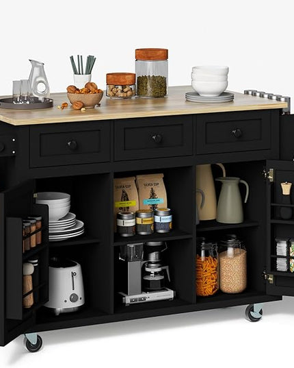Kitchen Island with Drop Leaf and Storage 53in Rolling Kitchen Island On Wheels Black Large Mobile Kitchen Island Cart with Drawers Cabinet Spice Rack Towel Rack Storage for Kitchen - LeafyLoom