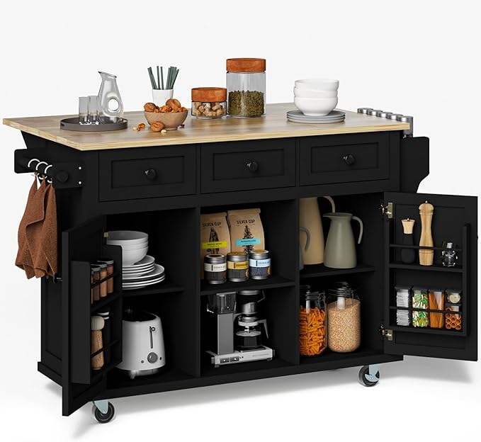 Kitchen Island with Drop Leaf and Storage 53in Rolling Kitchen Island On Wheels Black Large Mobile Kitchen Island Cart with Drawers Cabinet Spice Rack Towel Rack Storage for Kitchen - LeafyLoom