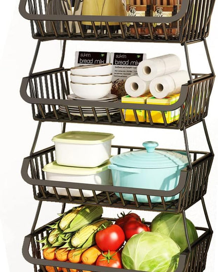Wisdom Star 6 Tier Fruit Vegetable Basket for Kitchen, Fruit Vegetable Storage Cart/ Bins for Onions and Potatoes, Wire Storage Organizer Utility Cart with Wheels, Black - LeafyLoom