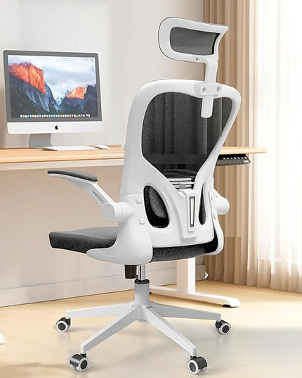 Ergonomic Office Chair, High Back Mesh Computer Desk Chair with Flip-up Arms, Adjustable Lumbar Support & Headrest, Swivel Rolling Task Chair for Home Office, Bedroom, Study, College Dorm（White&Black - LeafyLoom