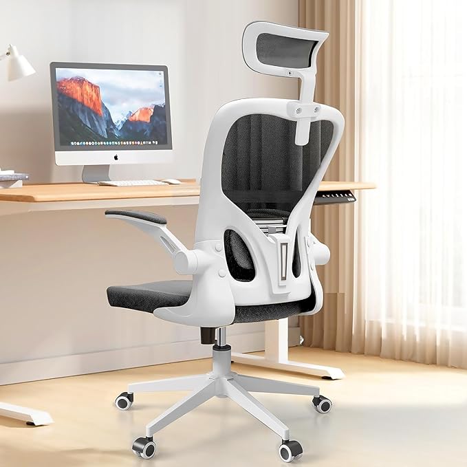 Ergonomic Office Chair, High Back Mesh Computer Desk Chair with Flip-up Arms, Adjustable Lumbar Support & Headrest, Swivel Rolling Task Chair for Home Office, Bedroom, Study, College Dorm（White&Black - LeafyLoom