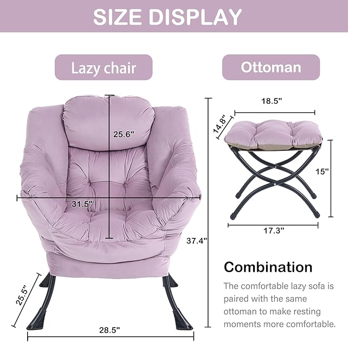 LITA Lazy Chair with Ottoman, Modern Accent Leisure Upholstered Sofa Chair, Contemporary Lounge Reading Chair with Armrests and a Side Pocket for Living Room, Bedroom & Small Space - LeafyLoom