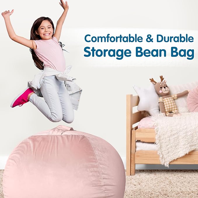 Lukeight Stuffed Animal Storage Bean Bag Chair Cover for Kids, Zipper Beanbag Chair Cover for Organizing Toddler & Kids' Rooms Plush Toys (Pink Velvet, X-Large) - LeafyLoom