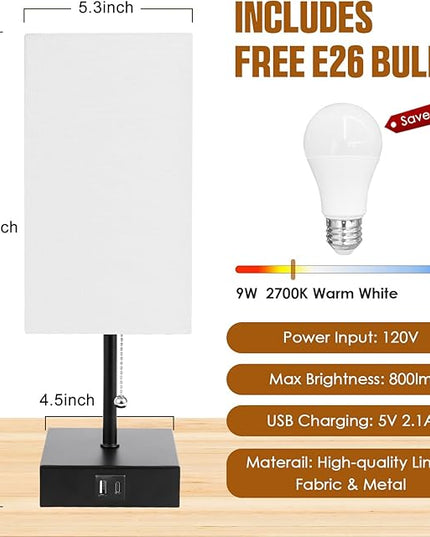 Bedside Table Lamp, Pull Chain for Bedroom with USB-C USB-A Charging Ports, 2700K LED Bulb with Fabric Lampshade, Nightstand Lamp for Living Room Bedroom Office Study Room (White) - LeafyLoom