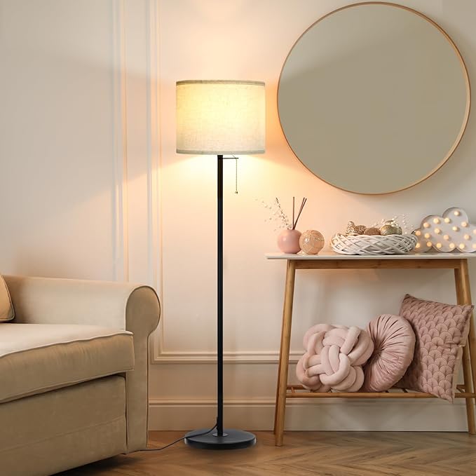 Modern Floor Lamp for Living Room Traditional Farmhouse Floor Lamps Mid-Century Pole Lamp with Linen Lamp Shade, Standing Tall Floor Lamps for Bedrooms and Office (Black-01) - LeafyLoom