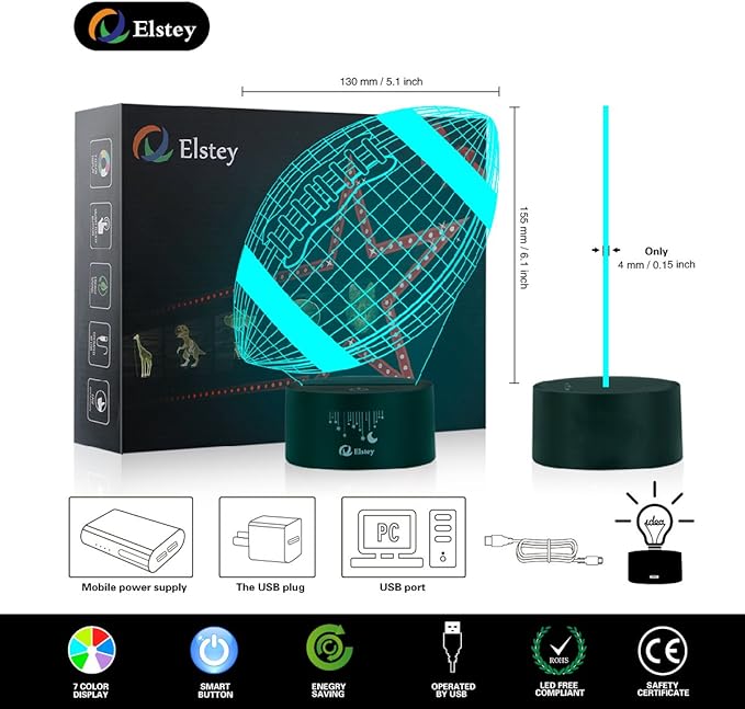 Elstey Football 3D Lamp Optical Illusion Night Light, 7 Color Changing Touch Switch Acrylic Flat & ABS Base & USB Cable Decoration Lamps for Christmas Gift - LeafyLoom