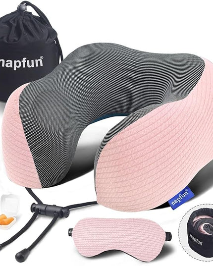 napfun Neck Pillow for Traveling, Upgraded Travel Neck Pillow for Airplane 100% Pure Memory Foam Travel Pillow for Flight Headrest Sleep, Portable Plane Accessories, Pink - LeafyLoom