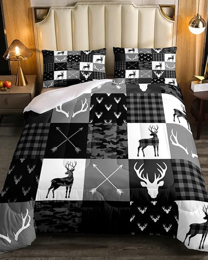 Deer Antler Silhouette Kids Comforter Set Full Size,Geometric Plaids Arrows Boho Bedding Set,Wild Animals Hunting Rustic Adventure Comforter,Camo Black Grey Quilt Set for Boys Girls Room Decor - LeafyLoom