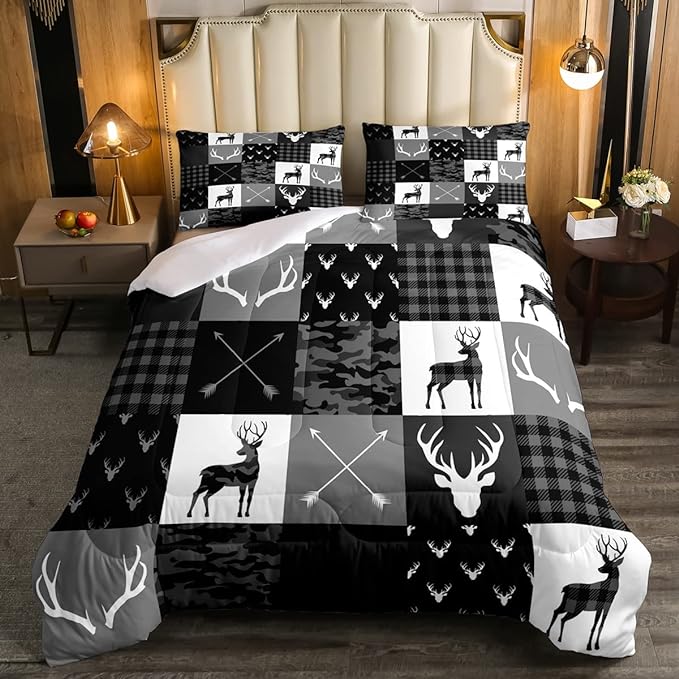 Deer Antler Silhouette Kids Comforter Set Full Size,Geometric Plaids Arrows Boho Bedding Set,Wild Animals Hunting Rustic Adventure Comforter,Camo Black Grey Quilt Set for Boys Girls Room Decor - LeafyLoom