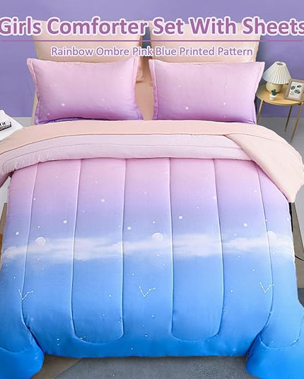 Dinjoy Girls Comforter Set Twin Size Colorful Rainbow Ombre Pink Blue Bedding Set Gradient 6 Pieces Bed in A Bag for Kids Teen Girl Women(1 Comforter, 1 Flat Sheet, 1 Fitted Sheet) - LeafyLoom