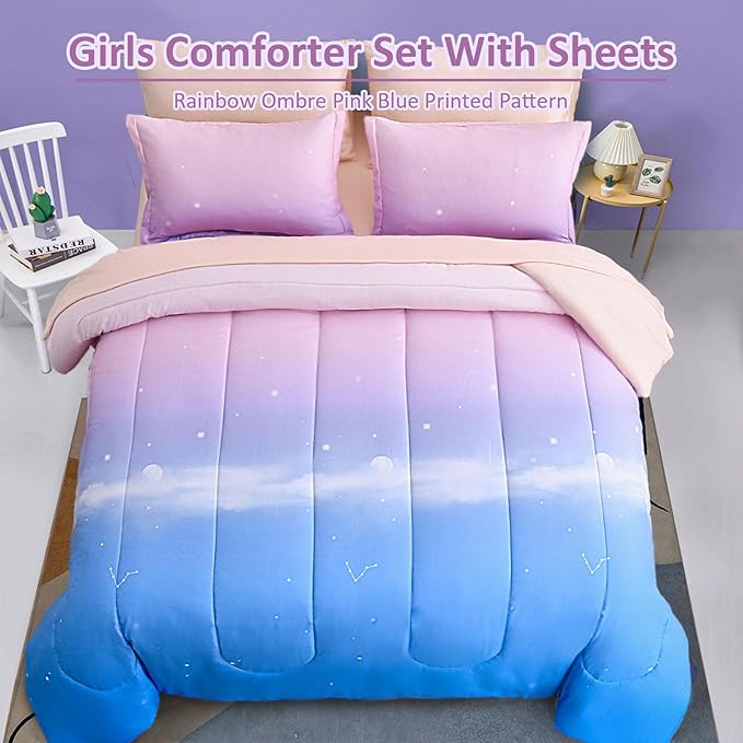 Dinjoy Girls Comforter Set Twin Size Colorful Rainbow Ombre Pink Blue Bedding Set Gradient 6 Pieces Bed in A Bag for Kids Teen Girl Women(1 Comforter, 1 Flat Sheet, 1 Fitted Sheet) - LeafyLoom