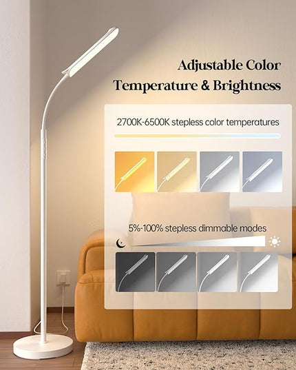 LED Floor Lamp, 18W Super Bright Floor Lamp for Living Room, Adjustable Stepless Colors & Brightness Gooseneck Standing Lamp, Eye Caring Reading Light with Remote& Touch Control for Bedroom Office - LeafyLoom