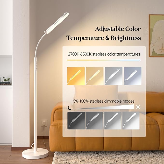 LED Floor Lamp, 18W Super Bright Floor Lamp for Living Room, Adjustable Stepless Colors & Brightness Gooseneck Standing Lamp, Eye Caring Reading Light with Remote& Touch Control for Bedroom Office - LeafyLoom