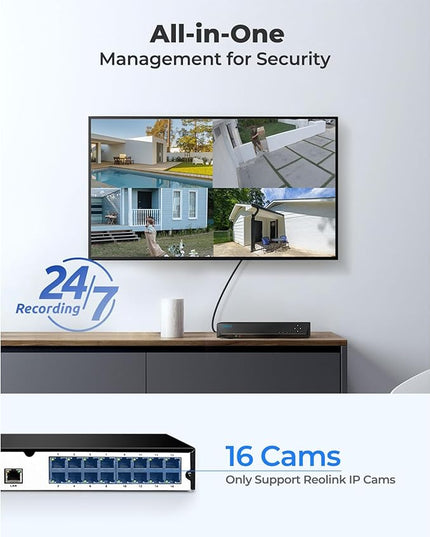 REOLINK 16CH Network Video Recorder for Home Security Camera System,Only Work with 16MP/12MP/4K/8MP/5MP/4MP The Same Brand PoE IP Cam,24/7 Recording to Pre-Installed 4TB Hard Drive,RLN16-410 REOLINK