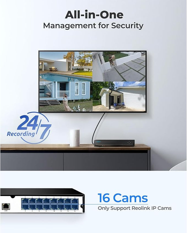 REOLINK 16CH Network Video Recorder for Home Security Camera System,Only Work with 16MP/12MP/4K/8MP/5MP/4MP The Same Brand PoE IP Cam,24/7 Recording to Pre-Installed 4TB Hard Drive,RLN16-410 REOLINK