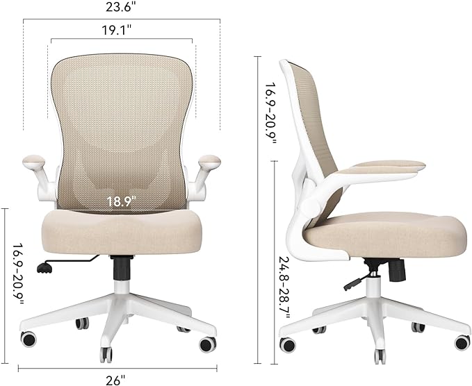 Hbada Office Chair Ergonomic Desk Chair, Office Desk Chairs with PU Silent Wheels, Breathable Mesh Computer Chair with Adjustable Lumbar Support, Flip-up Armrests, Tilt Function, Grey - LeafyLoom