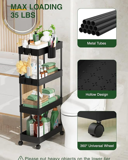LEHOM Slim Rolling Storage Cart - 4 Tiers Bathroom Organizer Utility Cart Slide Out Storage Shelves Mobile Shelving Unit for Kitchen, Bedroom, Office, Laundry Room, Small Narrow Spaces Black - LeafyLoom