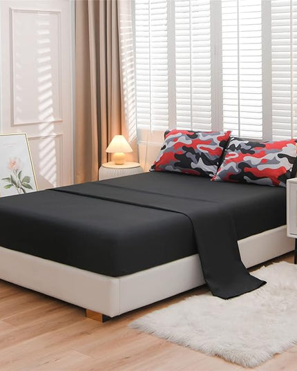 Meeting Story Camouflage Bedding Set, Colorful Pattern Style Comforter Set, 5 PCS One Comforter Two Pillowcases Two Sheets in One Bag, All Season Bedspread for Kids Teens Adults (Black, Twin 5Pcs) - LeafyLoom