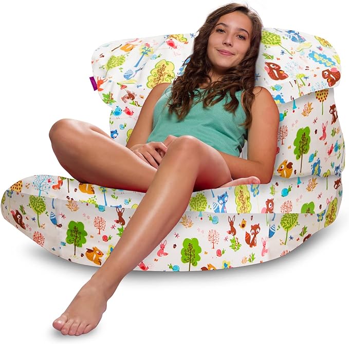 Posh Creations Structured Comfy Bean Bag Chair for Gaming, Reading, and Watching TV, Laguna Lounger, Canvas - Forest Critters on White - LeafyLoom