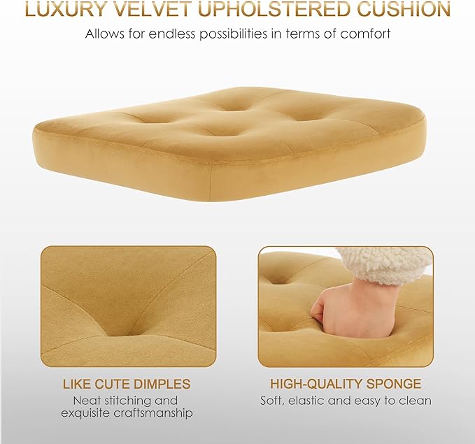 Zesthouse Modern Home Office Chair Velvet Desk Chair with Natural Rattan Back, Vanity Chair for Girls Women, Upholstered Tufted Swivel Armchair, Height Adjustable Computer Task Chair, Yellow - LeafyLoom