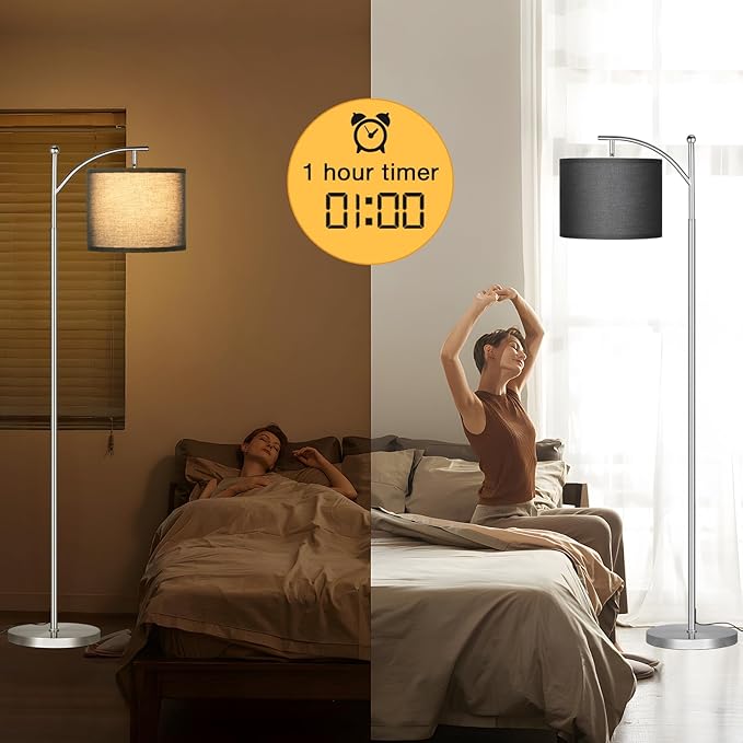 Ambimall Floor Lamp with Remote Control and Stepless Dimmable Bulb, Colors Temperature & Brightness Adjustable, Modern Floor Lamps for Living Room（Black Shade & Silver Pole） - LeafyLoom