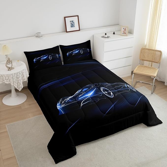 Feelyou Blue Race Car Bedding Set King Size for Kids Boys Extreme Sport Games Comforter Set Teens Toddler Fast and Furious Duvet Set Cool Modern Quilt Set 3Pcs - LeafyLoom