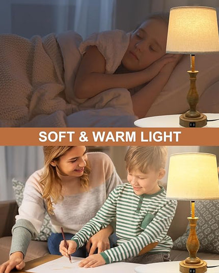 Farmhouse Table Lamp 3-Way Dimmable Table Lamp, Modern Nightstand Lamp with 2 USB Port Pull Chain Bedside Desk Lamp with Fabric Shade for Living Room Bedroom Hotel (Metal-Pack-02) - LeafyLoom