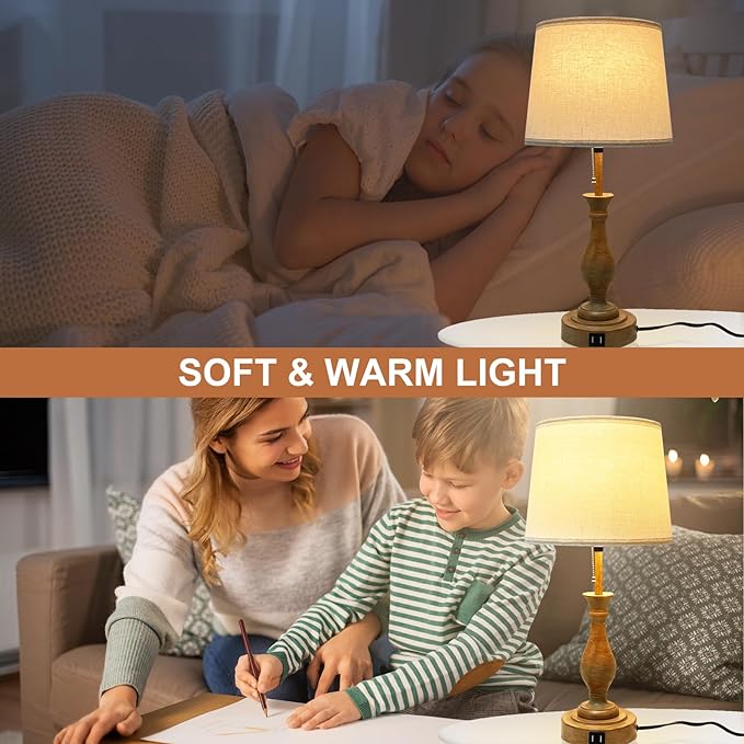 Farmhouse Table Lamp 3-Way Dimmable Table Lamp, Modern Nightstand Lamp with 2 USB Port Pull Chain Bedside Desk Lamp with Fabric Shade for Living Room Bedroom Hotel (Metal-Pack-02) - LeafyLoom