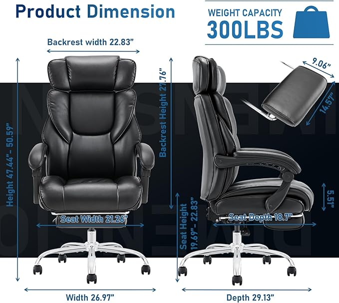 Executive Office Chair with Footrest, Ergonomic High Back Desk Chair, Computer Chair with Adjustable Headrest, Height, Tilt Lock, Extra Lumbar Support Pillow for Comfort, Large Home Office Chair-Black - LeafyLoom