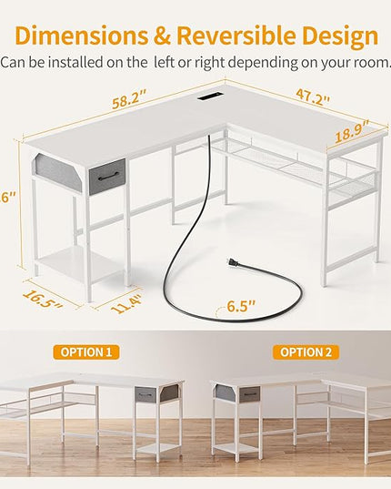 CubiCubi L Shaped Gaming Desk with Power Outlets and USB Charging Ports, 58" Reversible Corner Computer Desk with Storage Shelves and Drawer, Home Office Desk with Bookshlf, White - LeafyLoom
