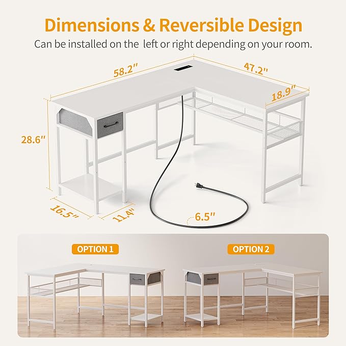 BANTI L Shaped Desk with Power Outlets, Computer Desk with Drawer, Reversible Corner Desk with Grid Storage Bookshelf, Home Office Desk, White - LeafyLoom