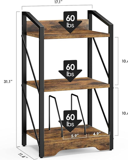 Vagusicc 3 Tier Bookshelf, Small Book Shelf Industrial Bookshelf, Wood Short Book Shelf Office Shelves with Metal Frame, Rustic Open Shelf Storage Organizer Bookcase for Living Room Bedroom, Brown - LeafyLoom
