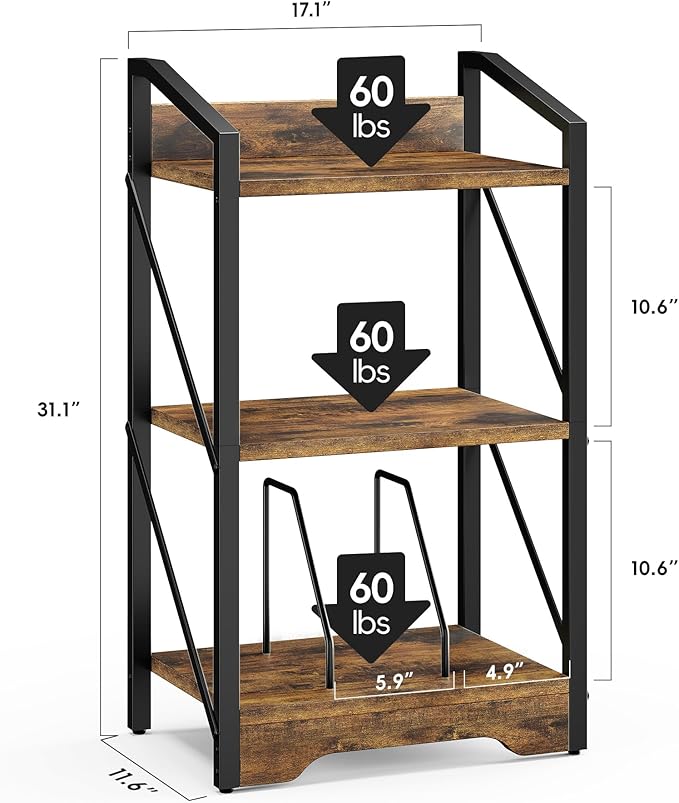 Vagusicc 3 Tier Bookshelf, Small Book Shelf Industrial Bookshelf, Wood Short Book Shelf Office Shelves with Metal Frame, Rustic Open Shelf Storage Organizer Bookcase for Living Room Bedroom, Brown - LeafyLoom