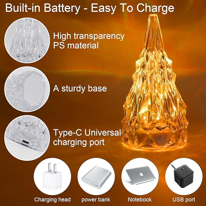 Iceberg Shape Crystal Lamp Table Night Light, Amber Yellow White 3 Colors Touch Control USB Rechargeable Small Bedside Lights Lovely Gifts for Home Bedroom Decor - LeafyLoom